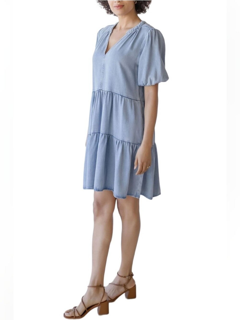 Velvet Heart Blue Light Denim Marscina Short Puffed Sleeve Tiered Dress Size 1X